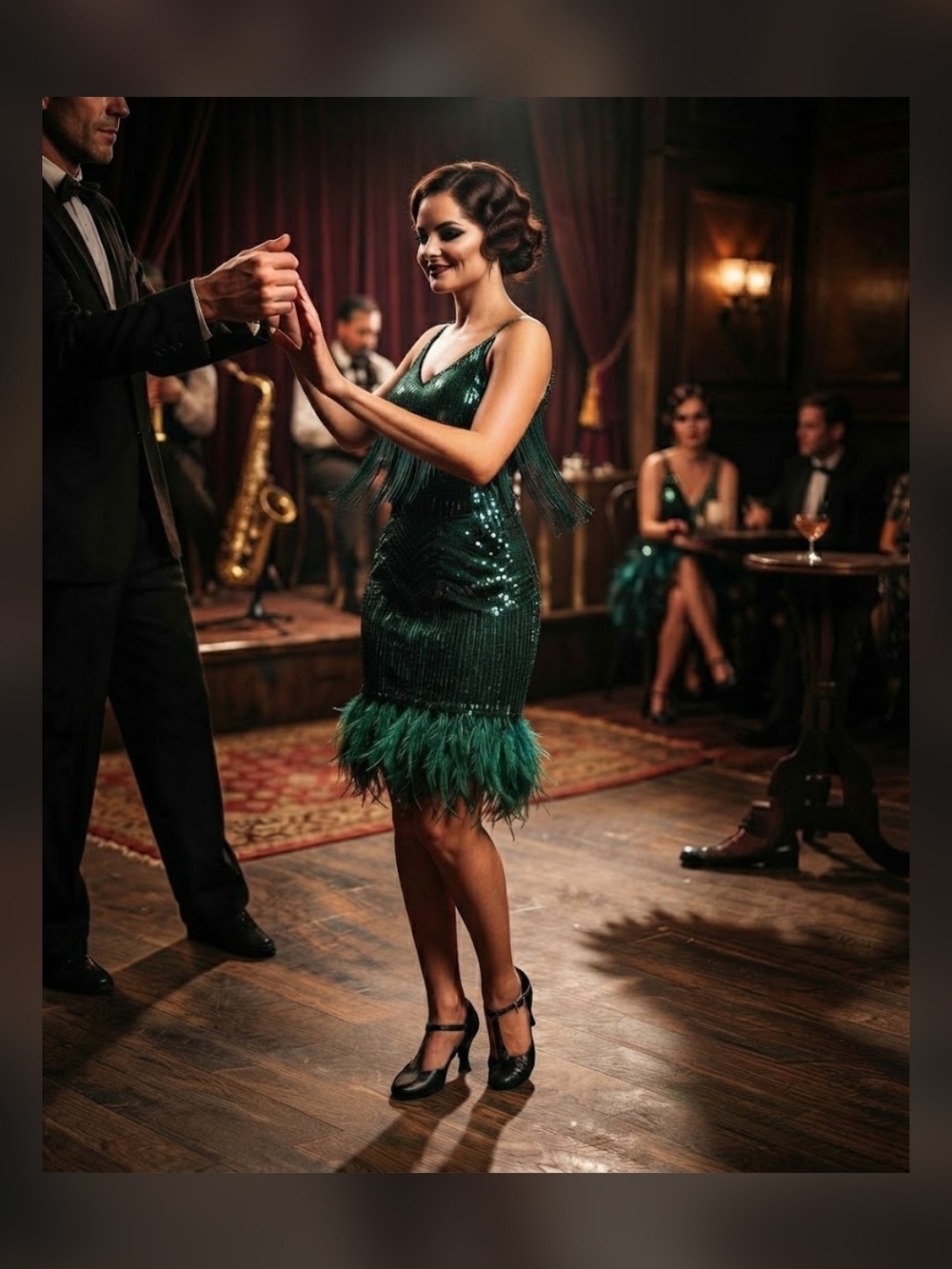 Vintage 1920s Flapper Emerald Green Sequin Fringe Feather Dress M / 14